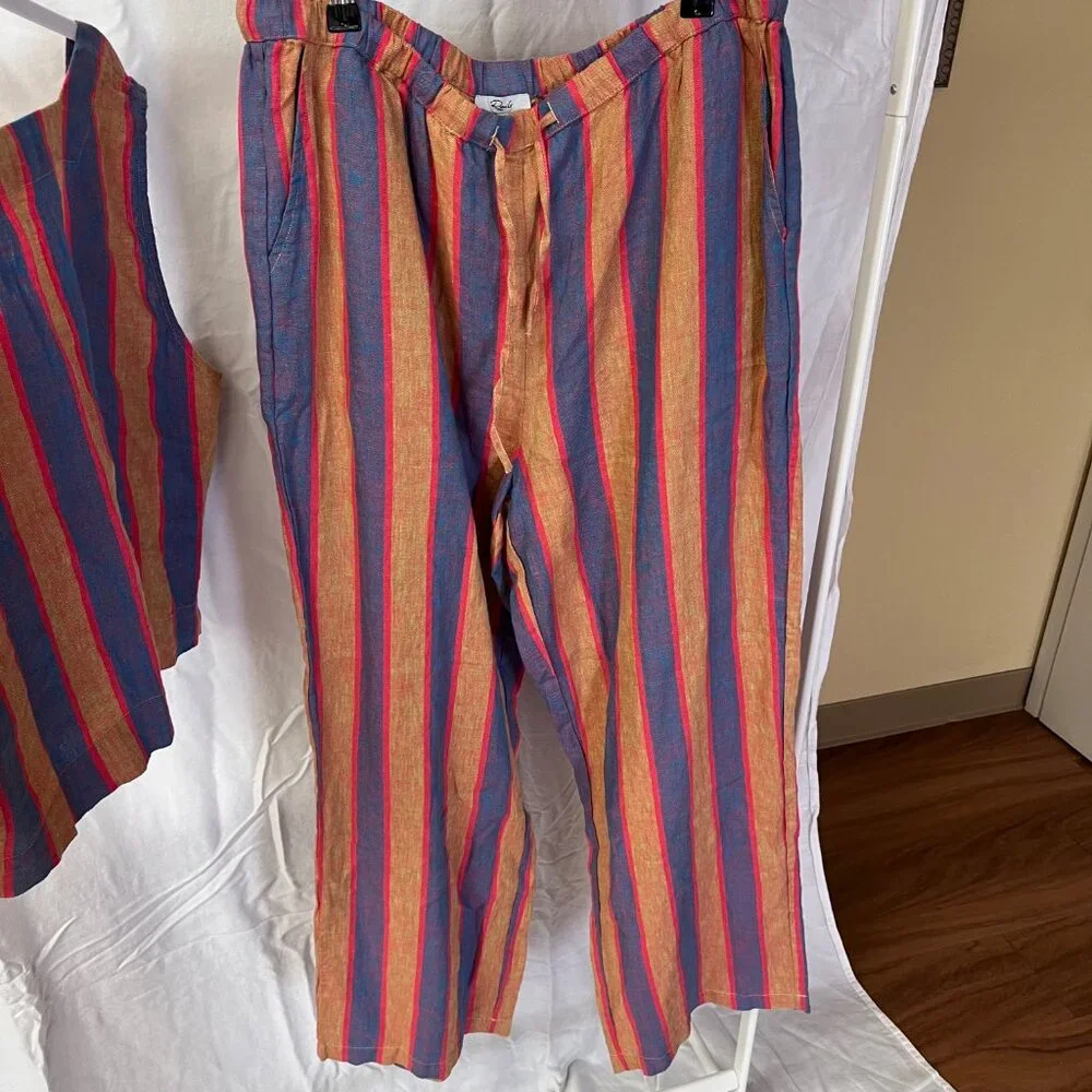 Striped Wide-Leg Linen-Blend Pants in Blue and Pink - Picture 4 of 13